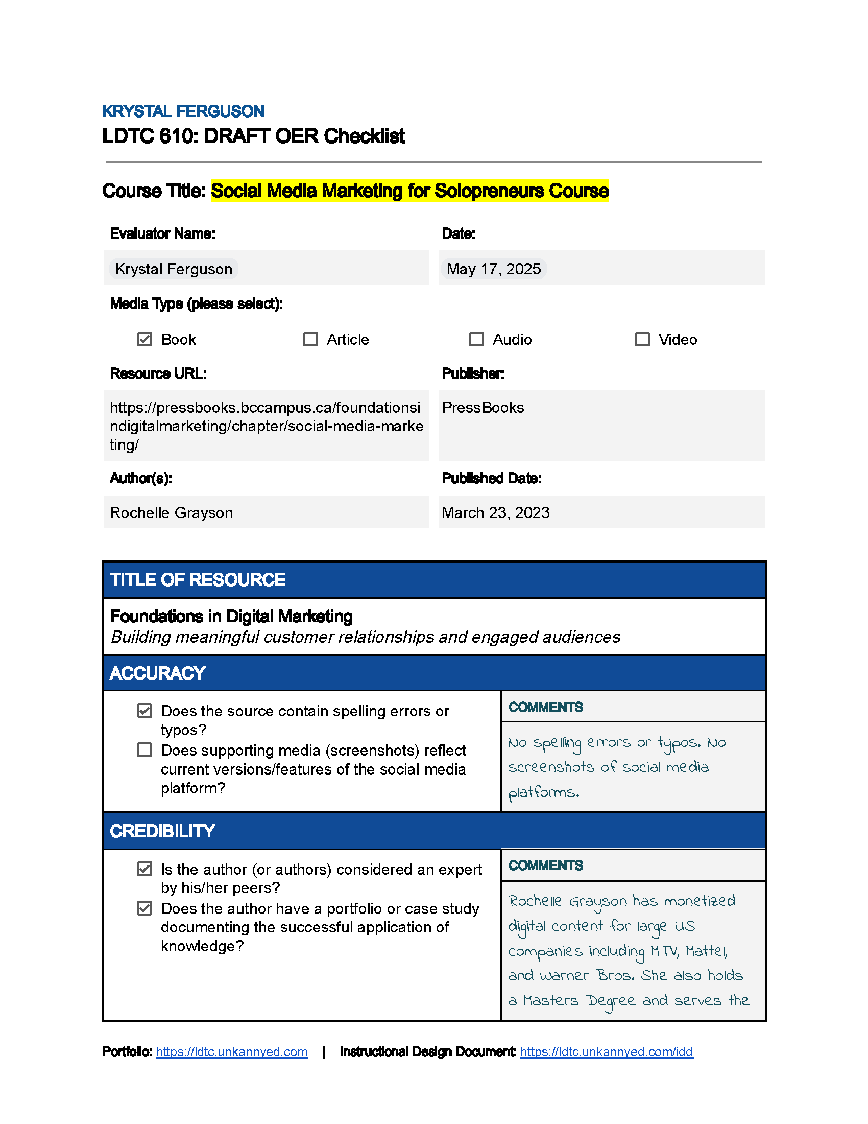 OER checklist filled page 1