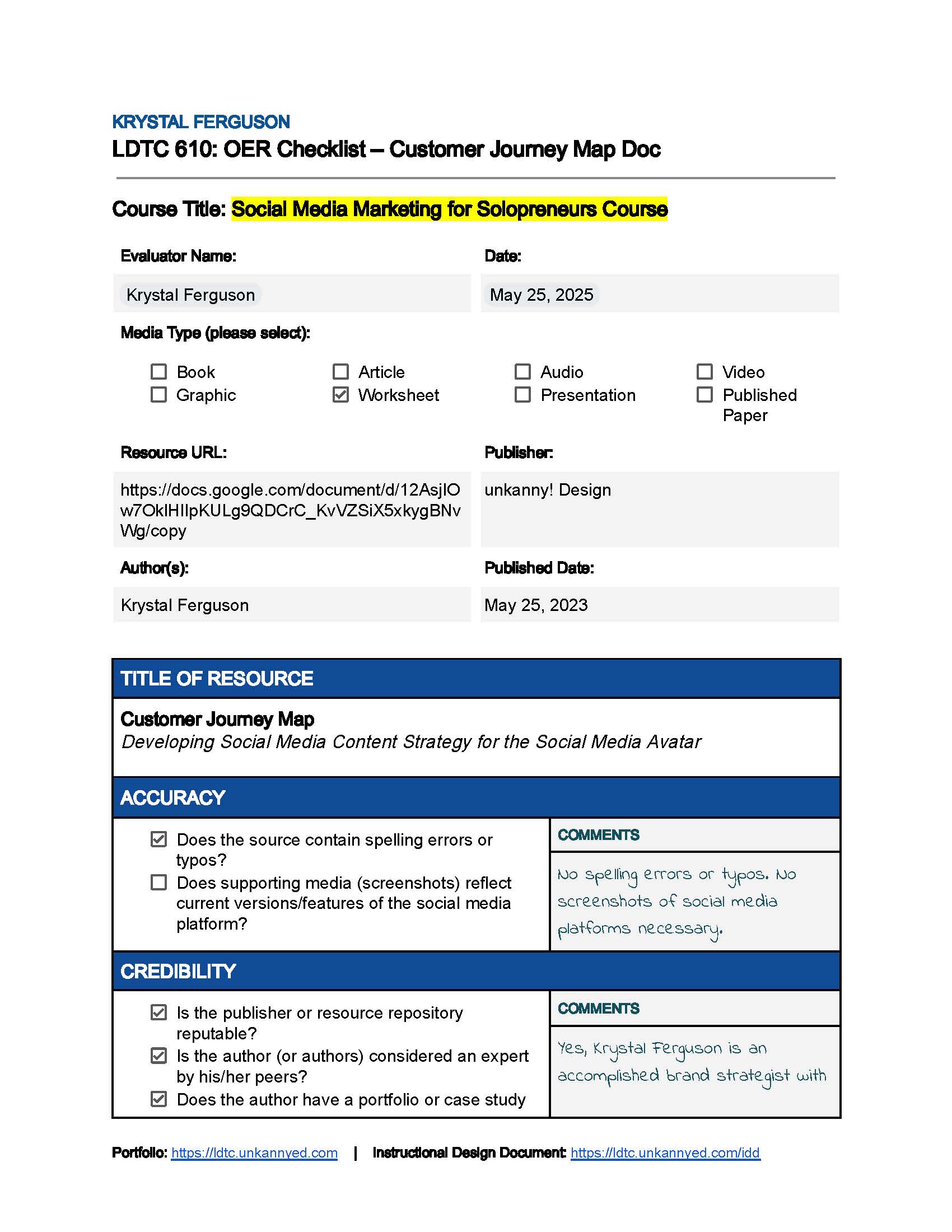 page 1 of 3 OER checklist evaluation