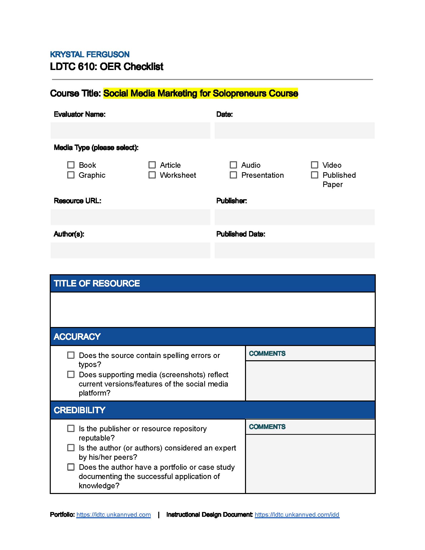Page 1 of 3 blank OER Checklist