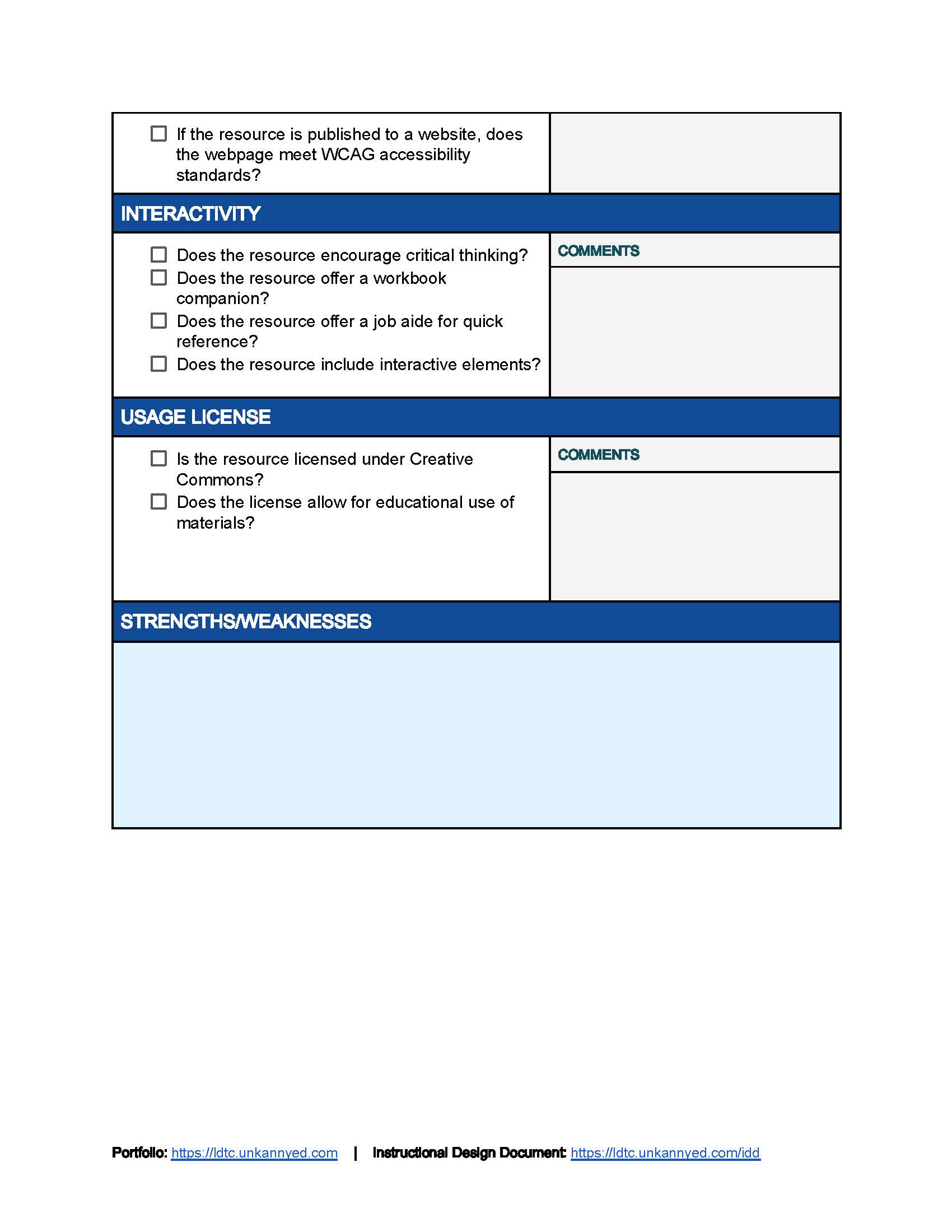 Page 3 of 3 blank OER Checklist