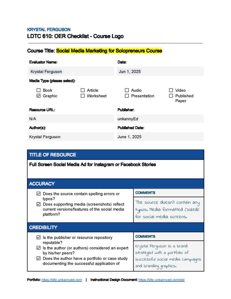 page 1 of 3 OER checklist evaluation