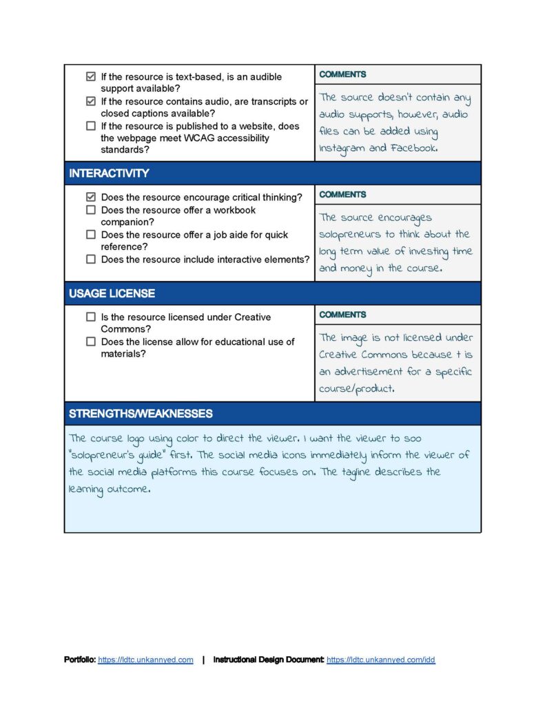 page 3 of 3 OER checklist evaluation