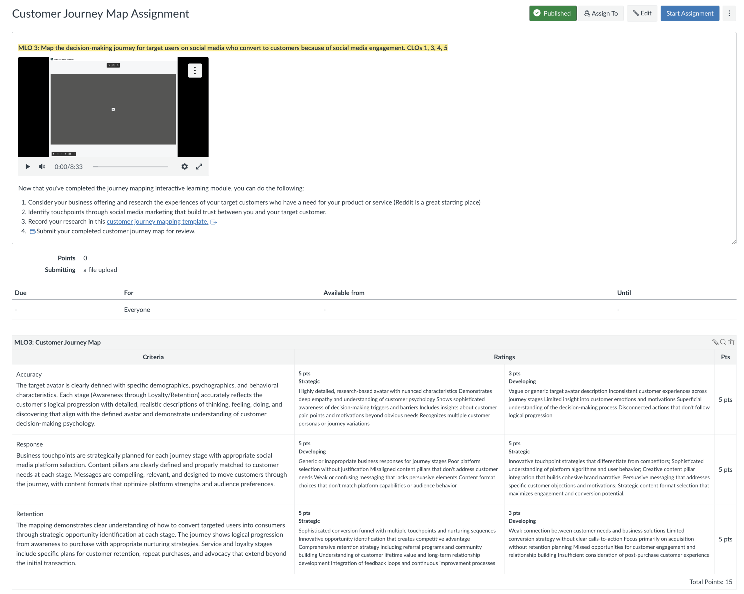 screenshot Customer Journey Mapping assignment and rubric